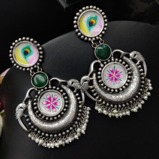 Silver Replica Handmade Chandbali Earrings with Hand Painted Earrings - Image 2