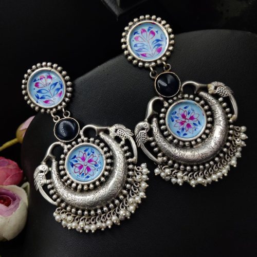 Silver Replica Handmade Chandbali Earrings with Hand Painted Earrings - Image 3