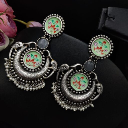 Silver Replica Handmade Chandbali Earrings with Hand Painted Earrings - Image 5