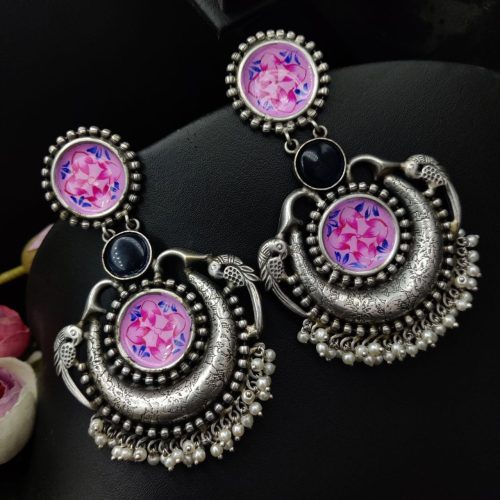 Silver Replica Handmade Chandbali Earrings with Hand Painted Earrings - Image 6