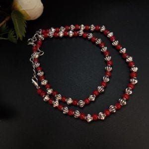 German Silver Flower Beads Anklets - Adjustable Size Anklet - Color: "Red"