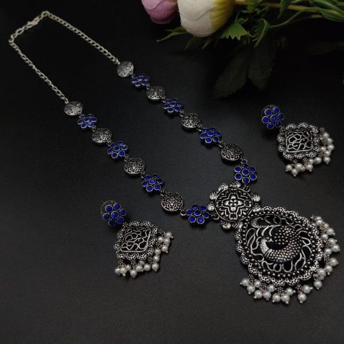 Oxidised Silver Plated Long Necklace  Set For Girls ( Adjustable Chain ) - Image 2