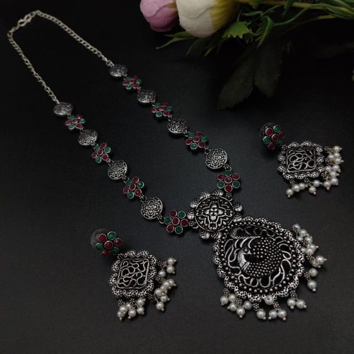 Oxidised Silver Plated Long Necklace  Set For Girls ( Adjustable Chain ) - Image 7