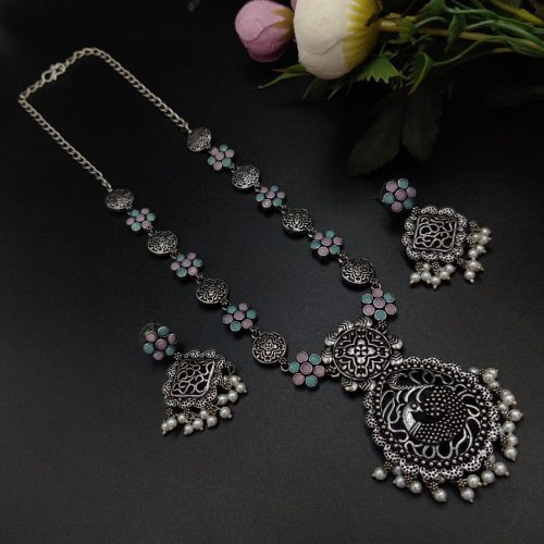 Oxidised Silver Plated Long Necklace  Set For Girls ( Adjustable Chain ) - Image 4