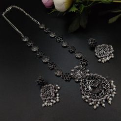 Oxidised Silver Plated Long Necklace  Set For Girls ( Adjustable Chain )