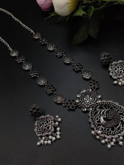 Oxidised Silver Plated Long Necklace  Set For Girls ( Adjustable Chain )