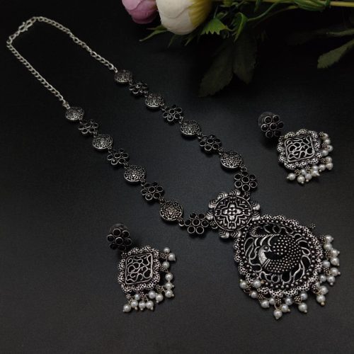 Oxidised Silver Plated Long Necklace  Set For Girls ( Adjustable Chain )
