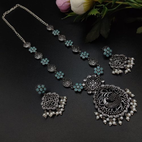 Oxidised Silver Plated Long Necklace  Set For Girls ( Adjustable Chain ) - Image 3