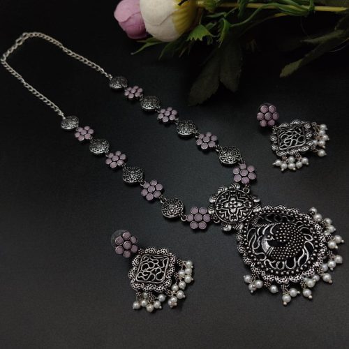 Oxidised Silver Plated Long Necklace  Set For Girls ( Adjustable Chain ) - Image 6