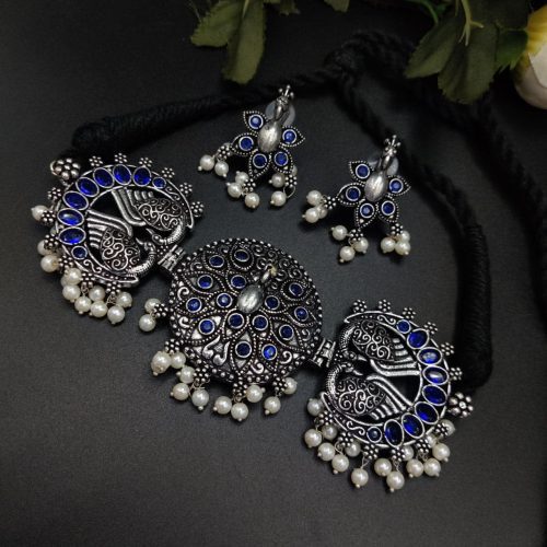 Oxidised Silver Plated Peacock Choker Necklace  Set For Girls - Image 3