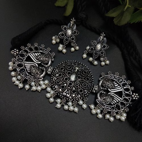 Oxidised Silver Plated Peacock Choker Necklace  Set For Girls - Image 2