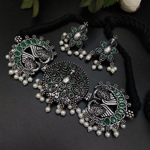 Oxidised Silver Plated Peacock Choker Necklace  Set For Girls - Image 4
