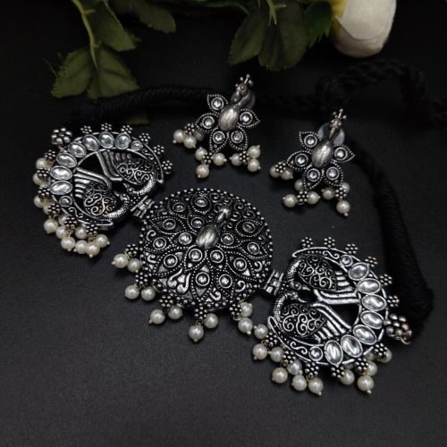 Oxidised Silver Plated Peacock Choker Necklace  Set For Girls