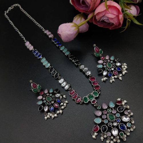 Oxidised Silver Plated Choker Necklace  Set For Girls - Image 8