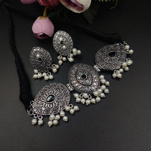 Oxidised Silver Plated Choker Necklace With Glass Beads - Image 2
