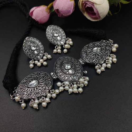 Oxidised Silver Plated Choker Necklace With Glass Beads - Image 5