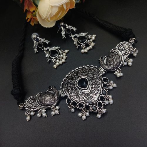 Oxidised Silver Plated Choker Necklace Peacock Design