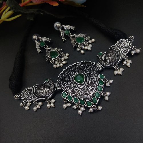 Oxidised Silver Plated Choker Necklace Peacock Design - Image 2