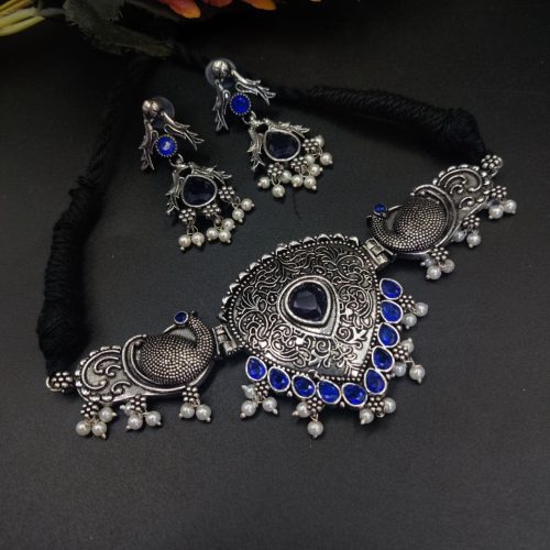 Oxidised Silver Plated Choker Necklace Peacock Design - Image 3