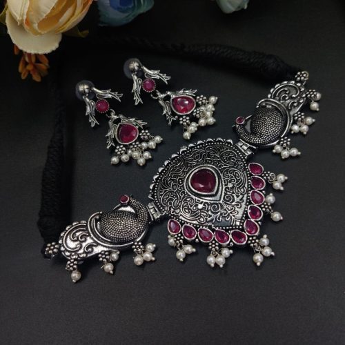 Oxidised Silver Plated Choker Necklace Peacock Design - Image 4