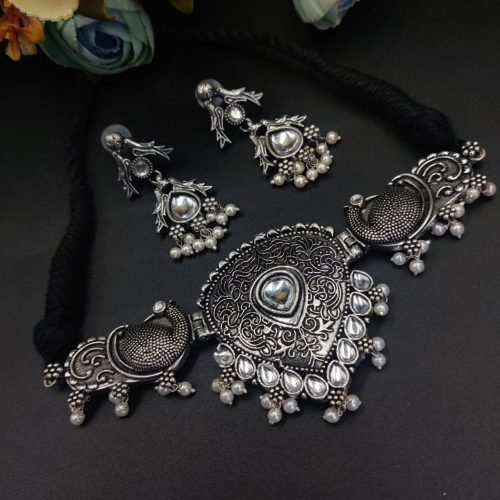 Oxidised Silver Plated Choker Necklace Peacock Design - Image 5