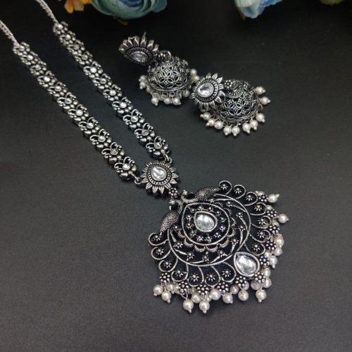 Oxidised Peacock Design Jaali Work Long Necklace Set - Image 5