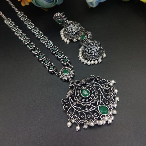 Oxidised Peacock Design Jaali Work Long Necklace Set - Image 4