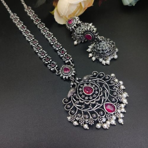 Oxidised Peacock Design Jaali Work Long Necklace Set
