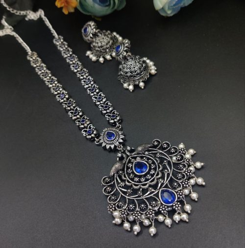 Oxidised Peacock Design Jaali Work Long Necklace Set - Image 3