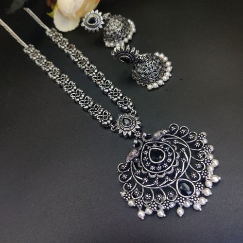 Oxidised Peacock Design Jaali Work Long Necklace Set - Image 2