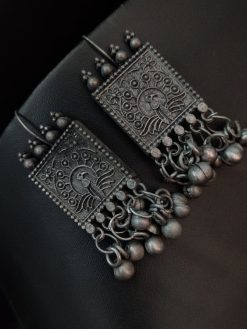Oxidised Black Polish Peacock Square Shape Design Hook Earrings
