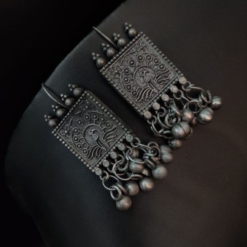 Oxidised Black Polish Peacock Square Shape Design Hook Earrings