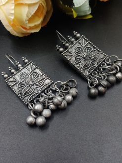 Oxidised Black Polish Square Shape Design Hook Earrings