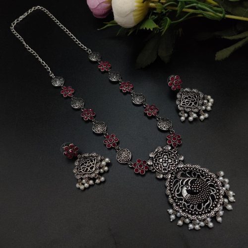 Oxidised Silver Plated Long Necklace  Set For Girls ( Adjustable Chain ) - Image 5