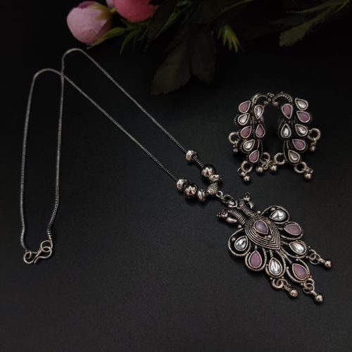 Premium Quality Stone Work Oxidised Peacock Pendent With Earrings - Image 11
