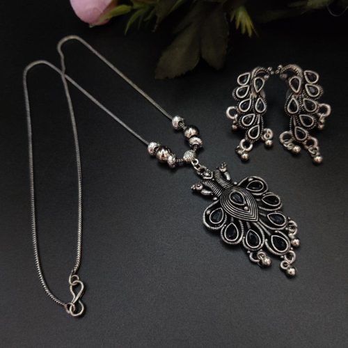 Premium Quality Stone Work Oxidised Peacock Pendent With Earrings - Image 7