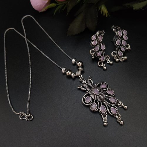 Premium Quality Stone Work Oxidised Peacock Pendent With Earrings - Image 5