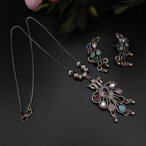 Premium Quality Stone Work Oxidised Peacock Pendent With Earrings - Image 3
