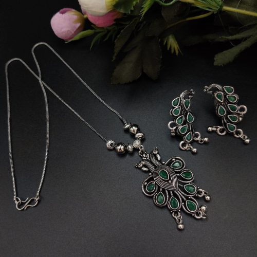 Premium Quality Stone Work Oxidised Peacock Pendent With Earrings - Image 2