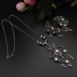 Premium Quality Stone Work Oxidised Peacock Pendent With Earrings