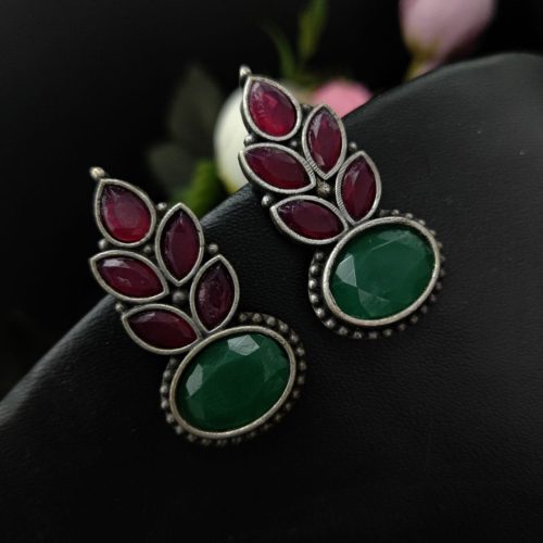 Premium Quality Oxidised Silver Replica Stone Stud Earrings - Image 3