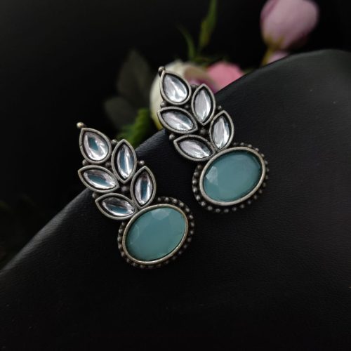 Premium Quality Oxidised Silver Replica Stone Stud Earrings - Image 4