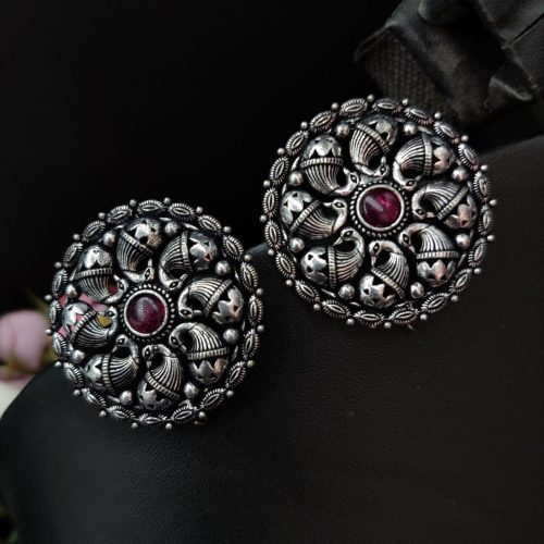 Oxidised Silver Plated Designer Peacock Stud Earrings For Girls