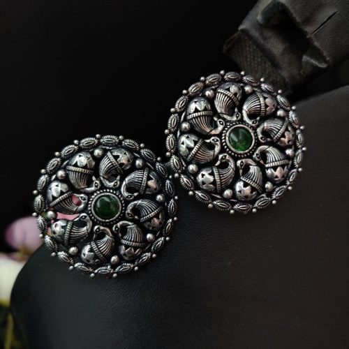 Oxidised Silver Plated Designer Peacock Stud Earrings For Girls - Image 3