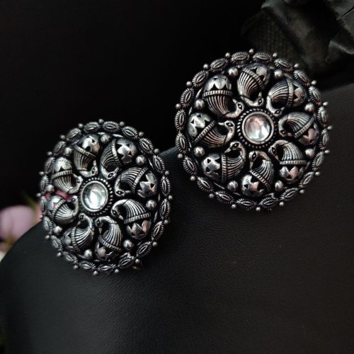 Oxidised Silver Plated Designer Peacock Stud Earrings For Girls - Image 2