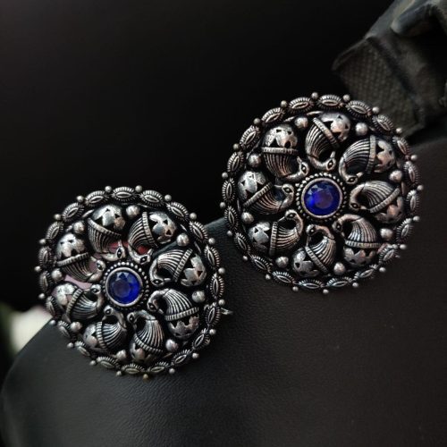 Oxidised Silver Plated Designer Peacock Stud Earrings For Girls - Image 5