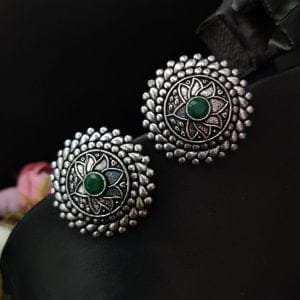 Lotus Design Oxidised Silver Plated Stud Earrings For Girls - Color: "Green"