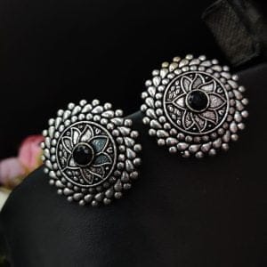 Lotus Design Oxidised Silver Plated Stud Earrings For Girls - Color: "Black"