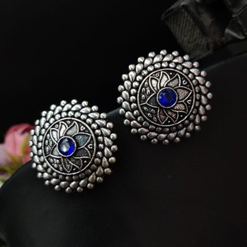 Lotus Design Oxidised Silver Plated Stud Earrings For Girls - Image 3