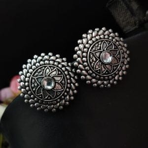 Lotus Design Oxidised Silver Plated Stud Earrings For Girls - Color: "White"